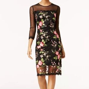 JAX Black Label Floral Embroidered Mesh Sheath Dress Black/Pink 8 Cocktail NWT